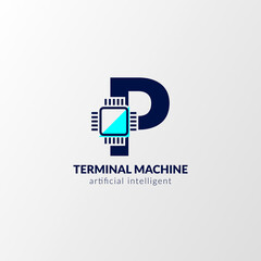 letter P circuit logo. terminal machine for technology, gadget, artificial intelligent