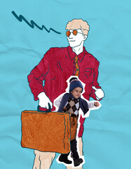 Traveler. Creative artwork with little boy going with retro suitcase over drawn portrait of man....