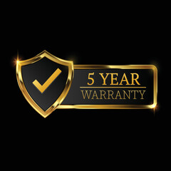 5 year warranty logo with golden shield and golden ribbon.Vector illustration.