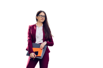 Brunette Spanish businesswoman in glasses and violet suit holds phone, notebook, looks aside. Confident lawyer ready for court. Brunette caucasian female manager stands against transparent background.