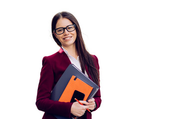 Brunette Spanish businesswoman in glasses and violet suit holds phone, notebook, toothy smiles....