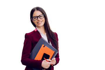 Brunette Spanish businesswoman in glasses and violet suit holds phone, notebook, toothy smiles. Confident lawyer ready for court. Brunette caucasian female manager stands over transparent background.
