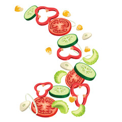Wave flying sliced salad components. Fresh falling cut vegetables. vegan menu ingredients. Organic food vector illustration.