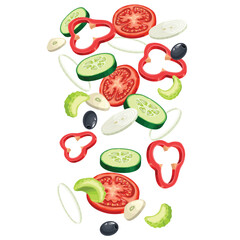 Flying sliced salad components. Fresh falling cut vegetables. vegan menu ingredients. Organic food vector illustration.