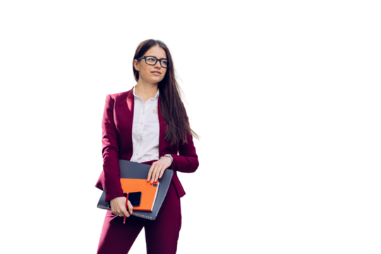 Brunette Spanish businesswoman in glasses and violet suit holds phone, notebook, looks aside. Confident lawyer ready for court. Brunette caucasian female manager stands against transparent background.