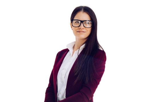 Confident brunette caucasian businesswoman in violet suit and glasses smiles looks aside focused, standing against transparent background. Purposeful Hispanic woman dreaming about career.