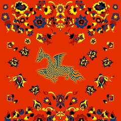 Chinese Dragon, Golden Dragon, Happy Chinese new year, hand drawn long dragon in red and gold colors, mythical creatures in heaven