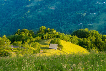 Meadow with house on sunrise. Carpathians mountains landscapes, Apetska mountain. Black and white shot.