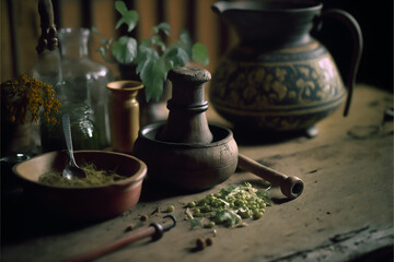 herbs with mortar and pestle, Generative AI