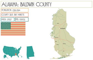 Large and detailed map of Baldwin county in Alabama, USA.