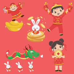 Fototapeta premium Cute illustration of Chinese lunar year. Chinese New Year. Water Rabbit year of 2023. Vector backgrounds.
