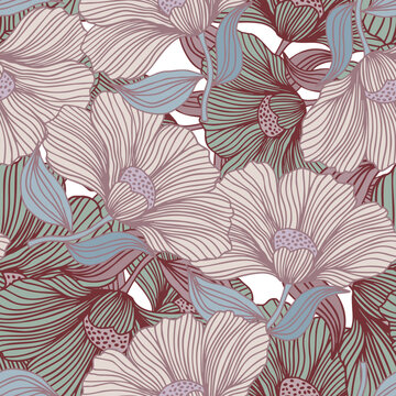 Vintage outline flower endless background. Delicate floral line seamless pattern. © smth.design