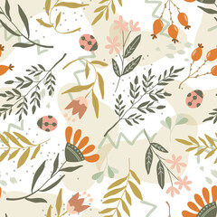 Floral doodle vector seamless pattern with wildflowers, leaves and ladybug on textured background  © Uli Prozorova