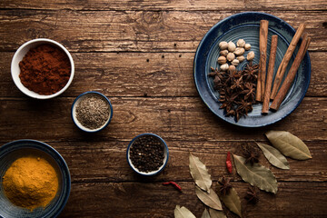 spices and herbs , Various spices a vintage spoons on stone table. Colorful Herbal and Spices Oriental marketplace.Top view . Cafe concept. Delicious food delivery.