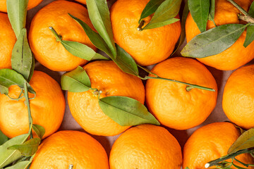 Fresh clementines with leaves, natural background. Top view