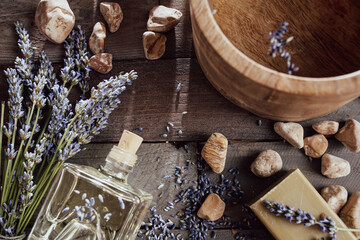 Healthy lavender aromas for wellness and beauty on rustic wood. Close-up. Background for...