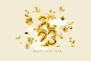 Gold Balloons 2023 fly with golden gifts, confetti, disco ball, bunnies and clouds fly on a beige background. Happy New Year 2023, a creative idea. Golden New Year luxury card