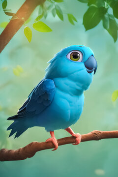 A colourful parrot from a cartoon character is sitting on a branch against a background of trees in the forest. 3D rendering , illustration.