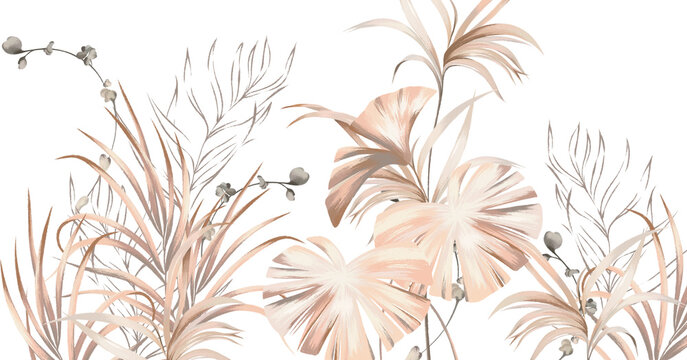 Tropical leaves on a white background, drawing in pastel style, photo wallpaper in the interior