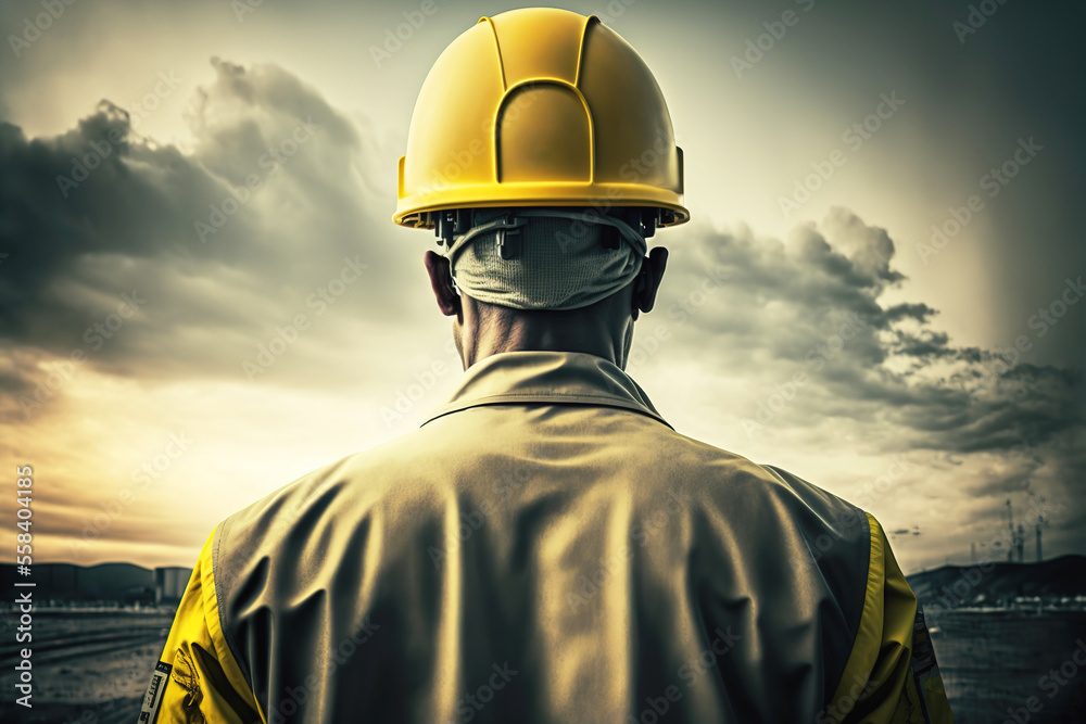 Wall mural An engineer who wears with fully safety PPE is standing in front of the nuclear power plant or petrochemical power plant. Industrial working scene. Generative Ai image. - Wall murals
