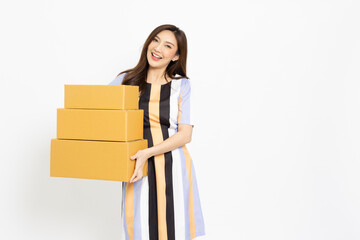 Happy Asian woman holding package parcel box isolated on white background, Delivery courier and shipping service concept
