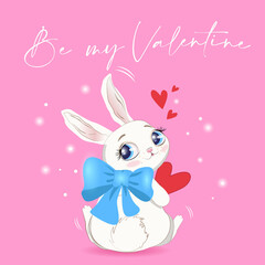 cute rabbit bunny with blue a bow and blue eyes vector drawing