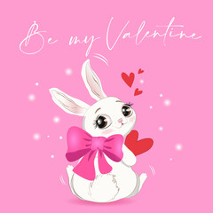 cute rabbit bunny with a pink bow and brown eyes vector drawing