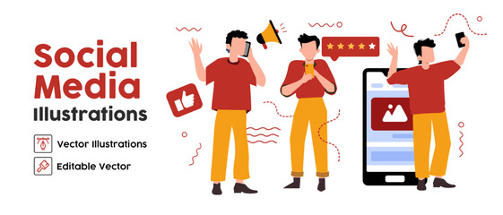 Modern social media. Concept business illustrations. set Collection of scenes with men using social media. Vector illustration