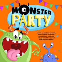 Monster Party Banner Template with Funny Monsters. Happy Birthday Greeting or Invitation Design Template for Anniversary in Cartoon Style. Vector Illustration.