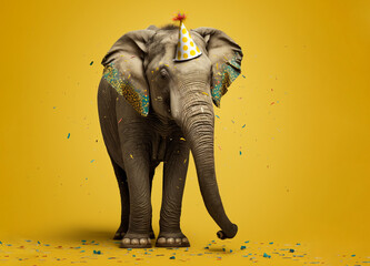 Portrait of an elephant with party items on a yellow background. Generative AI.