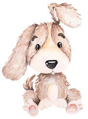 Dog painted in watercolor.Brown fluffy puppy.Pet cute funny dog.Animal watercolor.