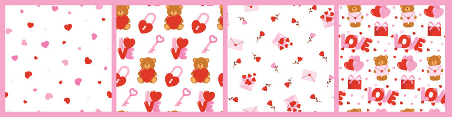 Collection of patterns with cute bear and hearts in pink and red colors. Vector design