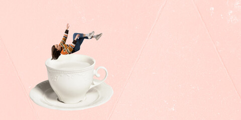 Contemporary art collage. Creative design. Young woman in cozy sweater falling into cup with hot milk over pink background