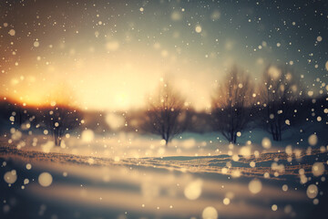 Fototapeta na wymiar Winter landscape at sunset with snowfall. Generative AI.