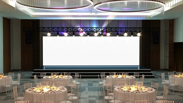 Empty stage design for mockup and corporate identity, display. Platform elements in hall. Blank screen system for graphic Resources. Scene event led night light staging. 3d Background for online.