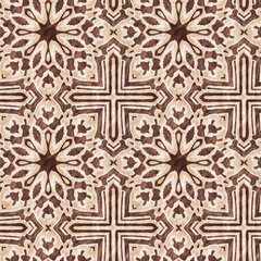 Mosaic geometric dark brown seamless texture pattern. Trendy kaleidoscope woven design for printed fabric. Rough abstract textile design. 