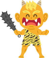 金棒を持った、笑顔の黄鬼のキャラクターのイラスト
