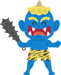 金棒を持った、笑顔の青鬼のキャラクターのイラスト