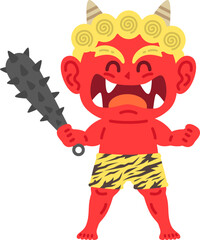 金棒を持った、笑顔の赤鬼のキャラクターのイラスト