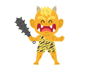 金棒を持った、笑顔の黄鬼のキャラクターのイラスト
