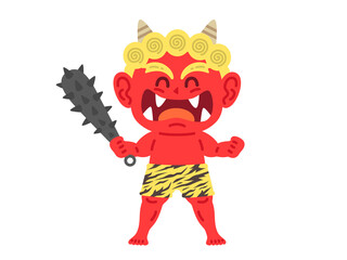 金棒を持った、笑顔の赤鬼のキャラクターのイラスト