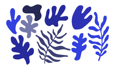Set of trendy doodle and abstract random blue shapes on isolated background. Abstract shapes matisse style