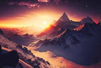 A Breathtaking Sunset In The Himalayas Mountains. Generative AI