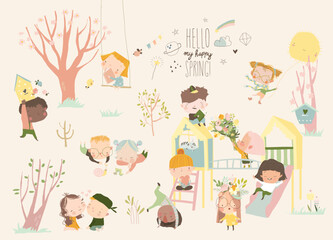 Cute Cartoon Kids enjoying on Playground in Spring Park