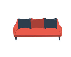 Red sofa with blue pillows.  Modern upholstered furniture. Flat vector illustration isolated on white background
