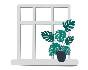 Monstera in a pot stands in the window of a modern interior of a house or apartment. Flat vector illustration