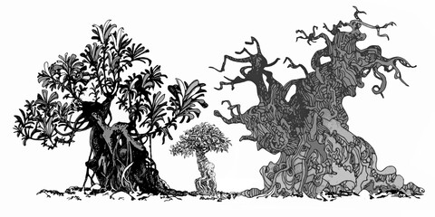 Fototapeta na wymiar Bonsai trees. A set of cool drawings of trees.