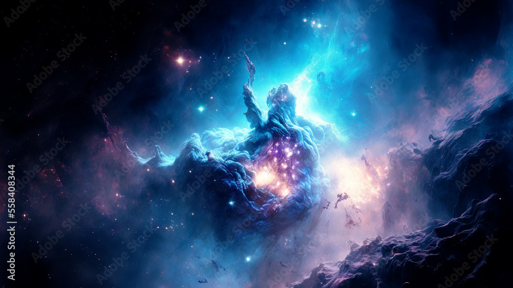 Aufkleber large panoramic view of a colorful dark blue nebula in space. cosmic background with bright shining 