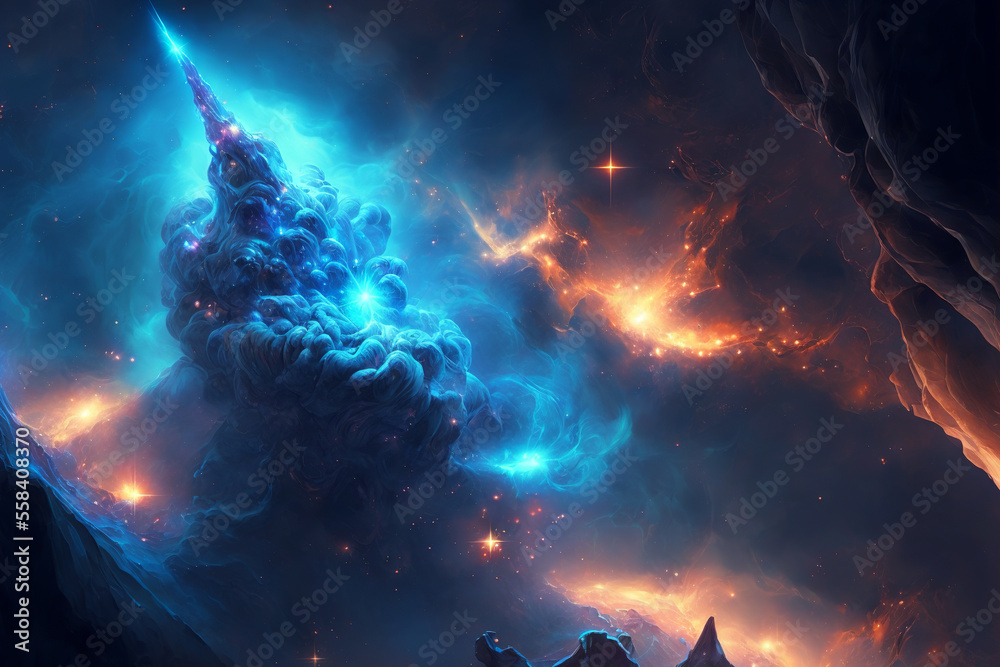 Leinwandbilder large view of a colorful dark blue nebula in space. cosmic background with bright shining stars, gal