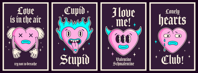 Groovy y2k anti valentines day conception poster with goth slogan.Trendy gothic emo style 2000s. Happy Valentines day greeting card. Sad background. Creepy weird teen Valentine's day concept. Retro.